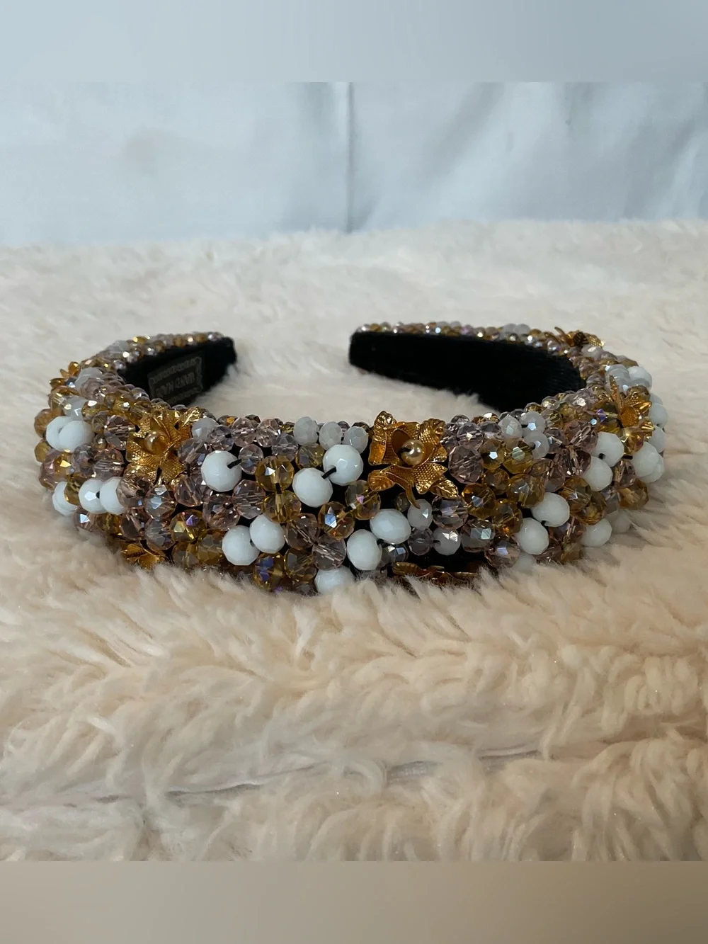 Beaded Black Headband with Gold Floral Accents